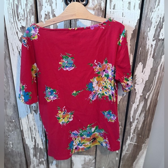 Lauren Ralph Lauren Boatneck Tee Size Large Red with Flowers Short Sleeve - Picture 7 of 7